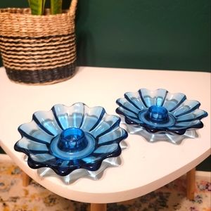 Fostoria cobalt glass petal candlestick holders
